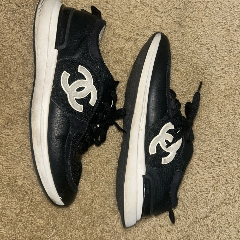 CHANEL Black and White Logo Sneakers